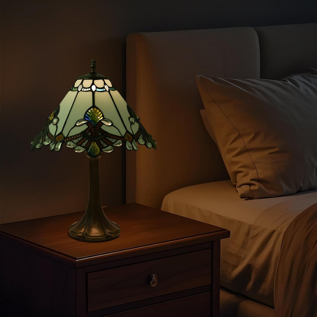 JHuiLap 12 Inch Tiffany Style Table Lamp, Baroque Stained Glass Lamp with Remote Control, Stepless Dimmable &3 Color Temperatures, Desk Lamps for Bedroom Farmhouse Bedside Nightstand Bedside (White)