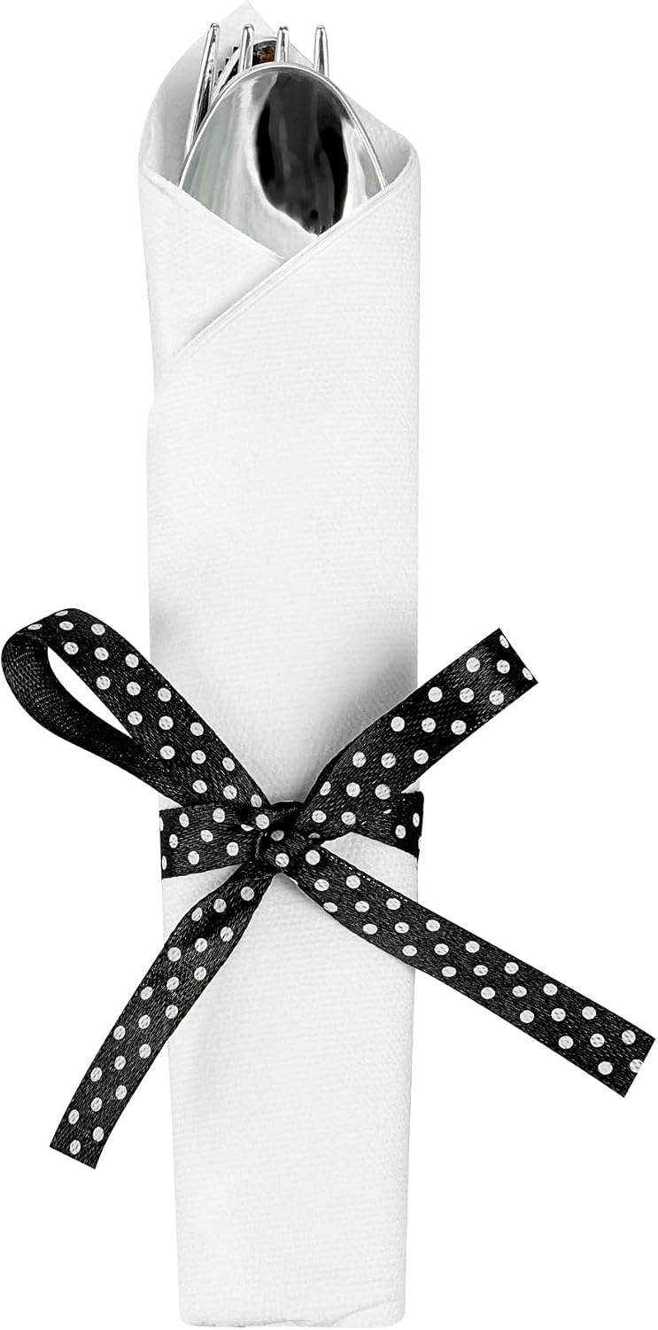 Restaurantware-7.3 Inch x 2 Inch Plastic Cutlery Sets, 100 Flatware Sets - Polka Dot Ribbon, With White Napkin, Individually Wrapped, Silver Plastic Disposable Cutlery Sets, For Weddings And Events