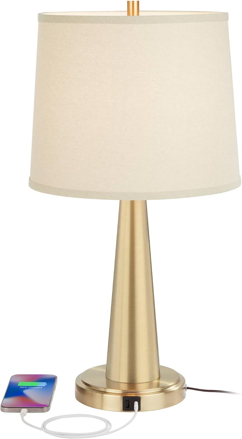 360 Lighting Karla 25' Tall Set of 2 Modern Table Lamps with USB Ports A+C Charging Brass Gold Metal Beige Fabric Drum Shade for Bedroom Living Room House Desk Bedside Nightstand Office Family
