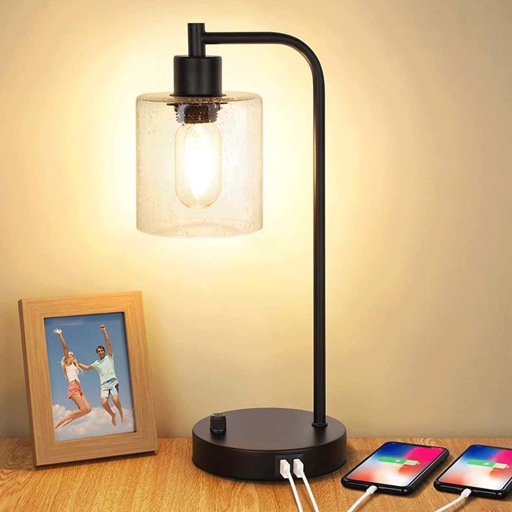 Industrial Vintage Metal Glass Desk Light Knob Dimmer Switch USB Cell Phone Charging Bedroom Bedside Desk Lamp Living Room Study Room Table Lamp Dormitory Apartment Office Lighting Fixture