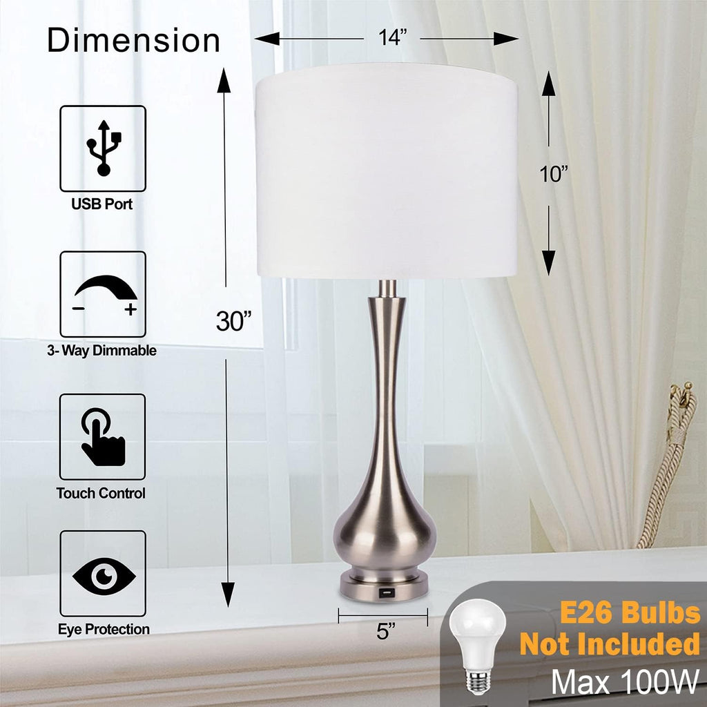 30' Large Modern Table Lamps Set of 2 for Living Room Bedroom with USB Charging Port,3-Way Dimmable Brushed Steel Nightstand Lamp Sets Bedside Touch Desk Lamp with White Fabric Shade (Bulb Included)