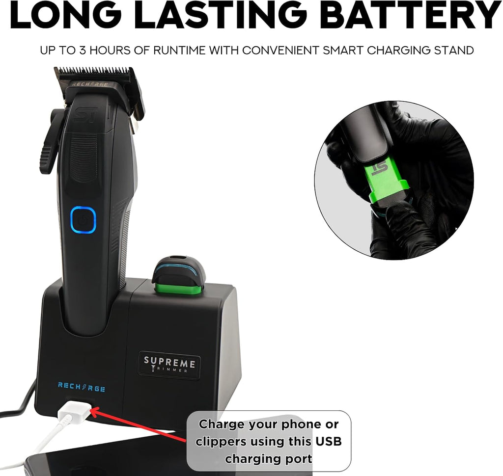 Supreme Trimmer Recharge Clipper - Professional Hair Clipper with 2 Removable Batteries, Brushless Motor, Smart Charge Stand, USB-C Charge & DLC Blades Barbers | STC779