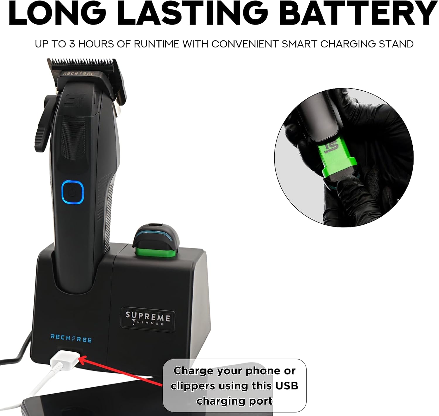 Supreme Trimmer Recharge Clipper - Professional Hair Clipper with 2 Removable Batteries, Brushless Motor, Smart Charge Stand, USB-C Charge & DLC Blades Barbers | STC779
