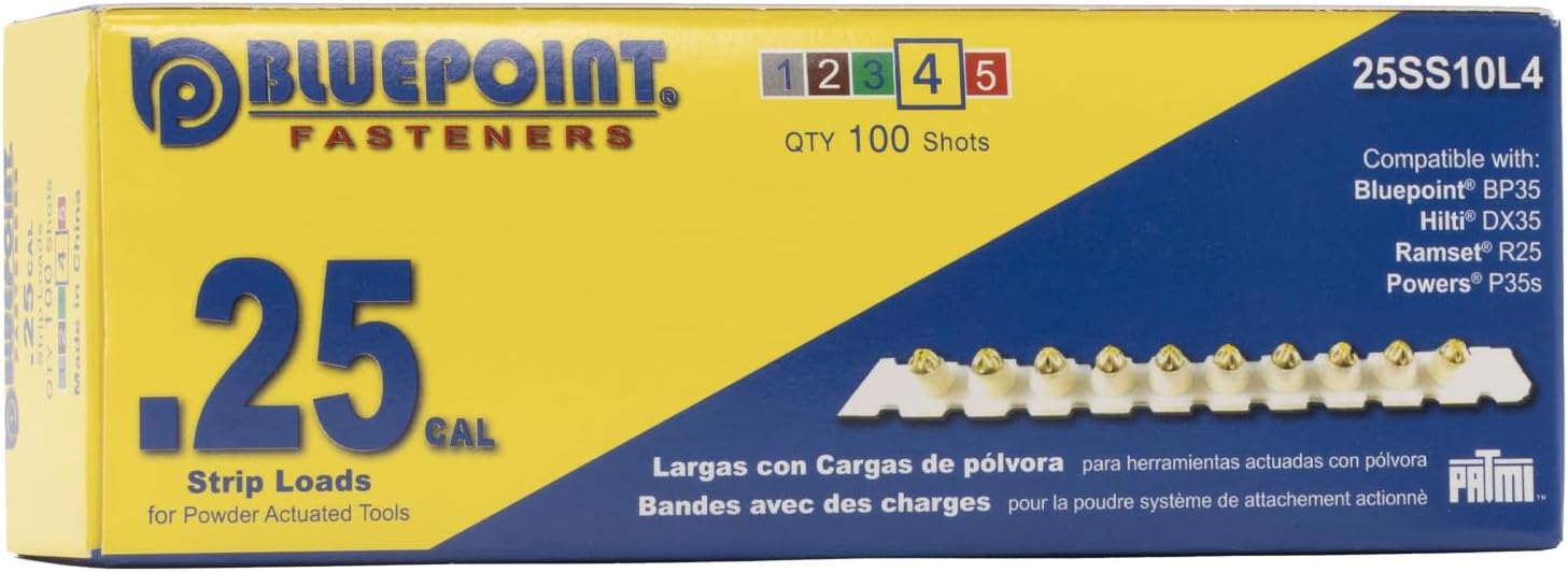 BLUEPOINT .25 Caliber Yellow Strip Powder Loads for Power Actuated Fastening System (1000 - Count). Item# 25SS10L4 10-Pack Save $30