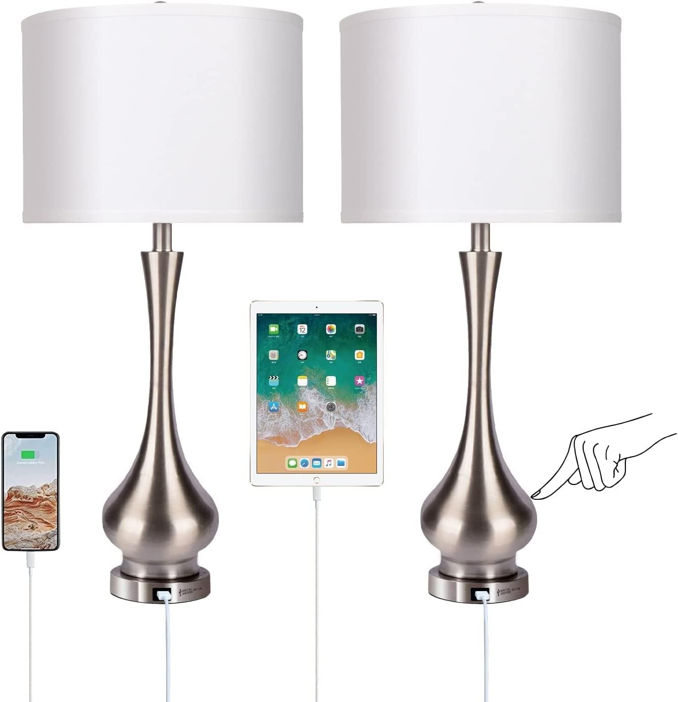 30' Large Modern Table Lamps Set of 2 for Living Room Bedroom with USB Charging Port,3-Way Dimmable Brushed Steel Nightstand Lamp Sets Bedside Touch Desk Lamp with White Fabric Shade (Bulb Included)