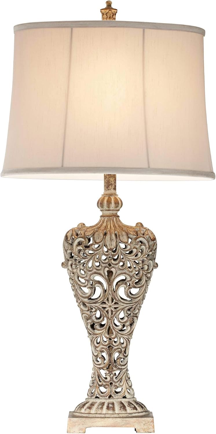 Regency Hill Elle Traditional Antique Table Lamp 33' Tall Classic Gold Open Scroll Bronze Off White Oval Shade Decor for Living Room Bedroom House Bedside Nightstand Home Entryway