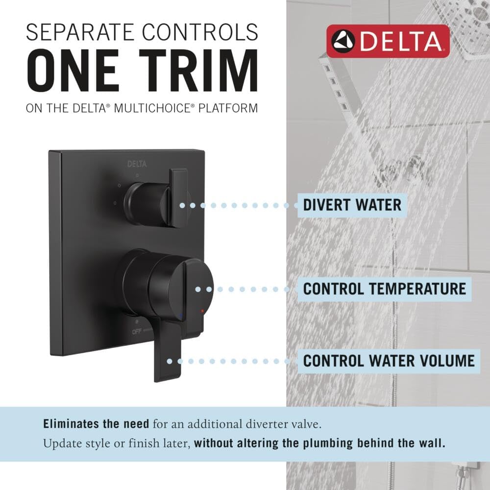 Delta Modern Dual-Function Shower Handle Trim Kit with 3-Way Integrated Diverter, Matte Black Shower System Valve with Diverter, Matte Black T27867-BL (Valve Not Included)