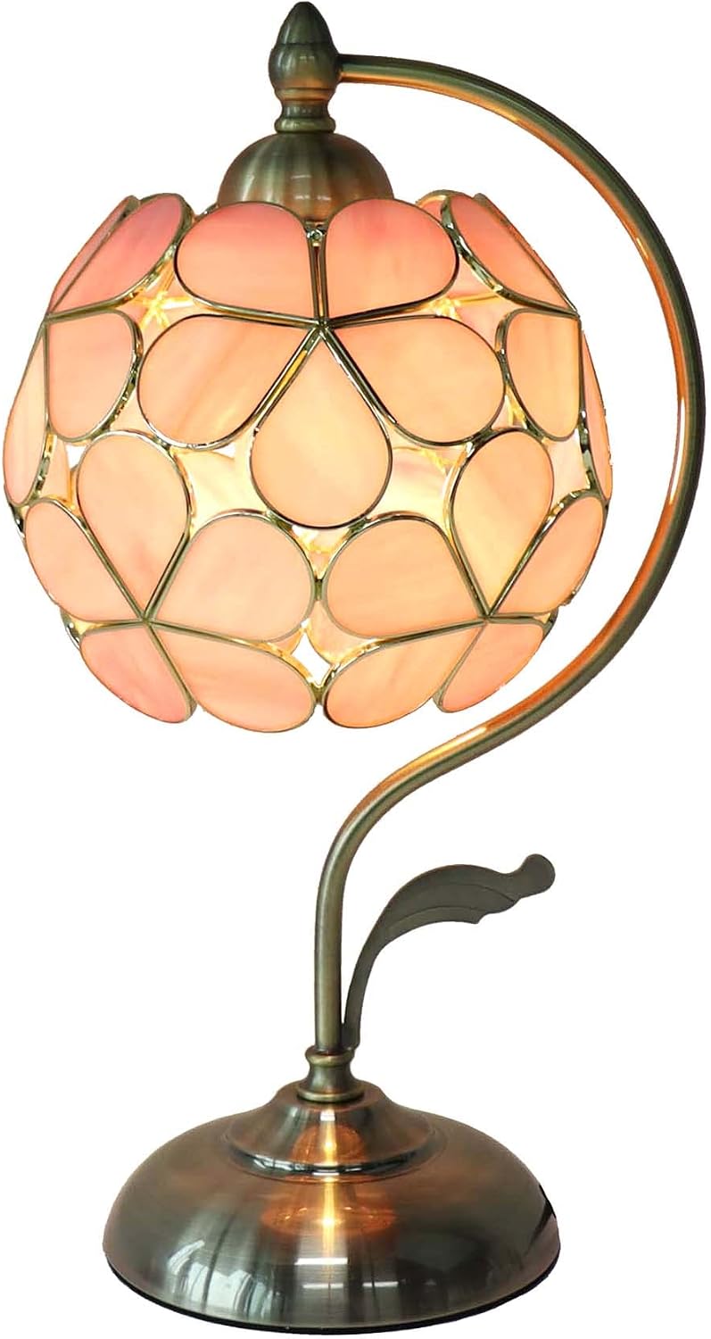 Bieye L10836 Tiffany Style Stained Glass Flower Petal Table Lamp with Brass Base for Home Décor (Pink, 8' Flower Ball)