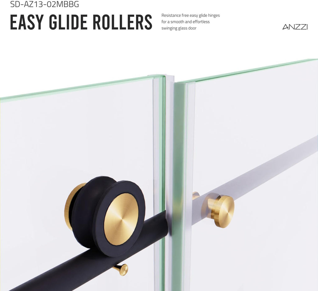 ANZZI Frameless Shower Door 76' x 60' Frameless Shower Door with Sliding - Matte Black and Brushed Gold - Madam Series