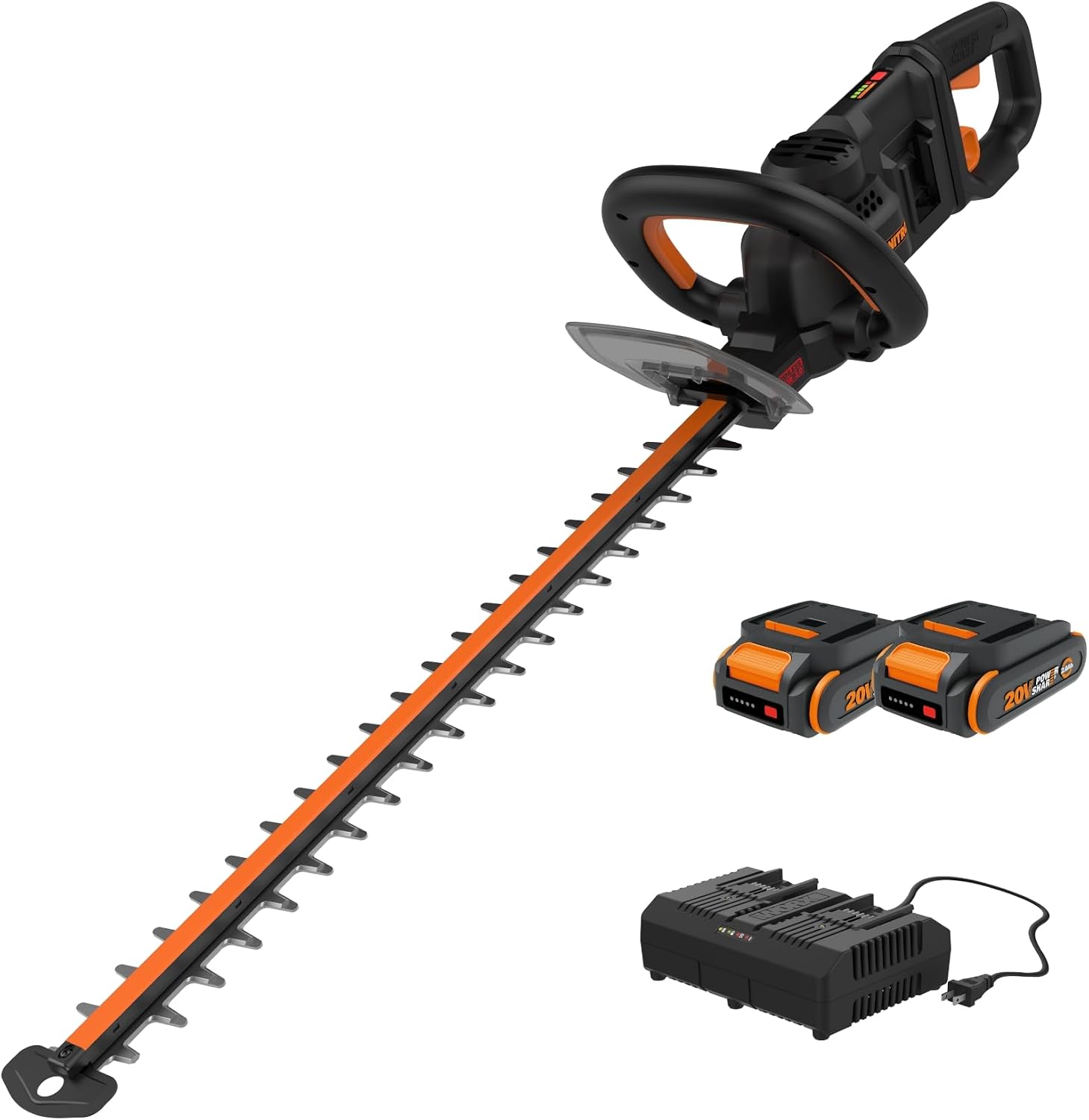 WORX Nitro 24' Cordless Hedge Trimmer, Electric Hedge Trimmer with Dual-Action Blades & 3400 SPM, Brushless Bush Trimmer with 180° Rotating Handle, 2 Batteries & Charger Included, WG286