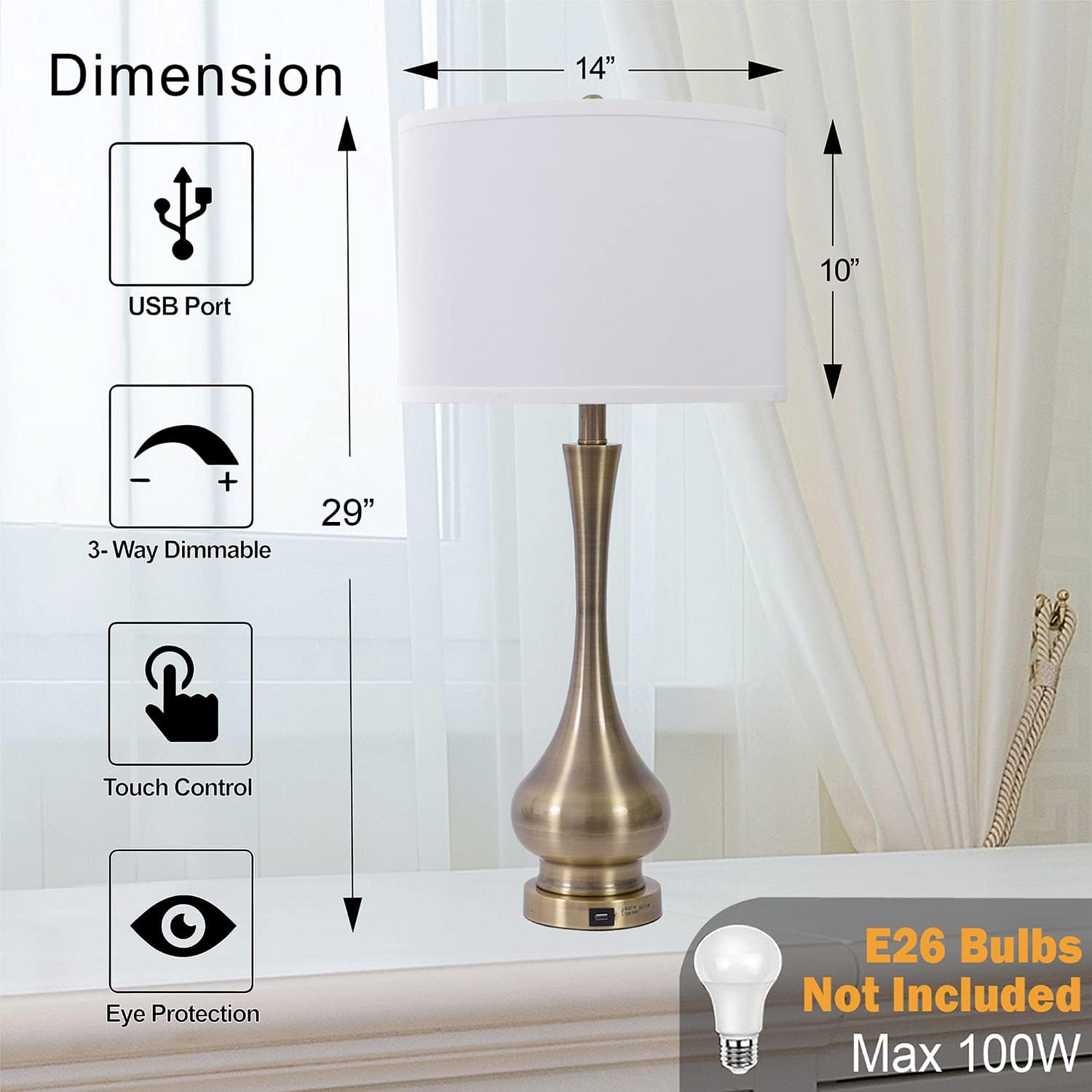Touch Lamp for Bedrooms Set of 2, 3-Way Dimmable Nightstand Lamp Sets with Linen Fabric Shade, Bedside Lamp with USB Port & E26 Socket, Modern Tall Table Lamp for Bedroom, Living Room, Office