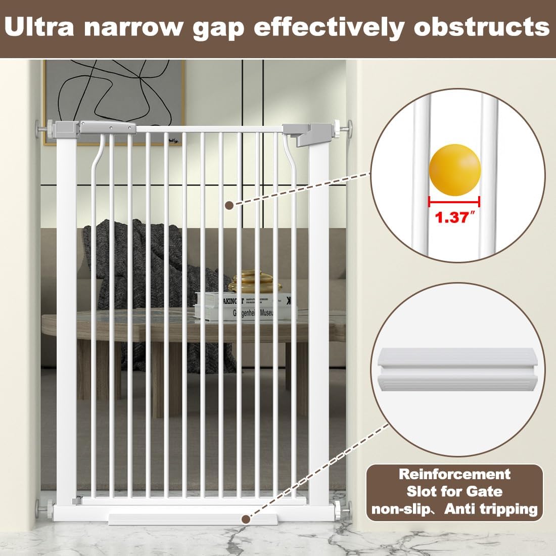 41' Extra Tall Cat Gate for Doorway, 54.8-57.4'' Metal Pet Baby Safe Gate, Extra Wide Pressure Mounted Child Door with Expansion Kit, No Drilling Cat Fence Indoor, No Climb Baby Proof Gate, White