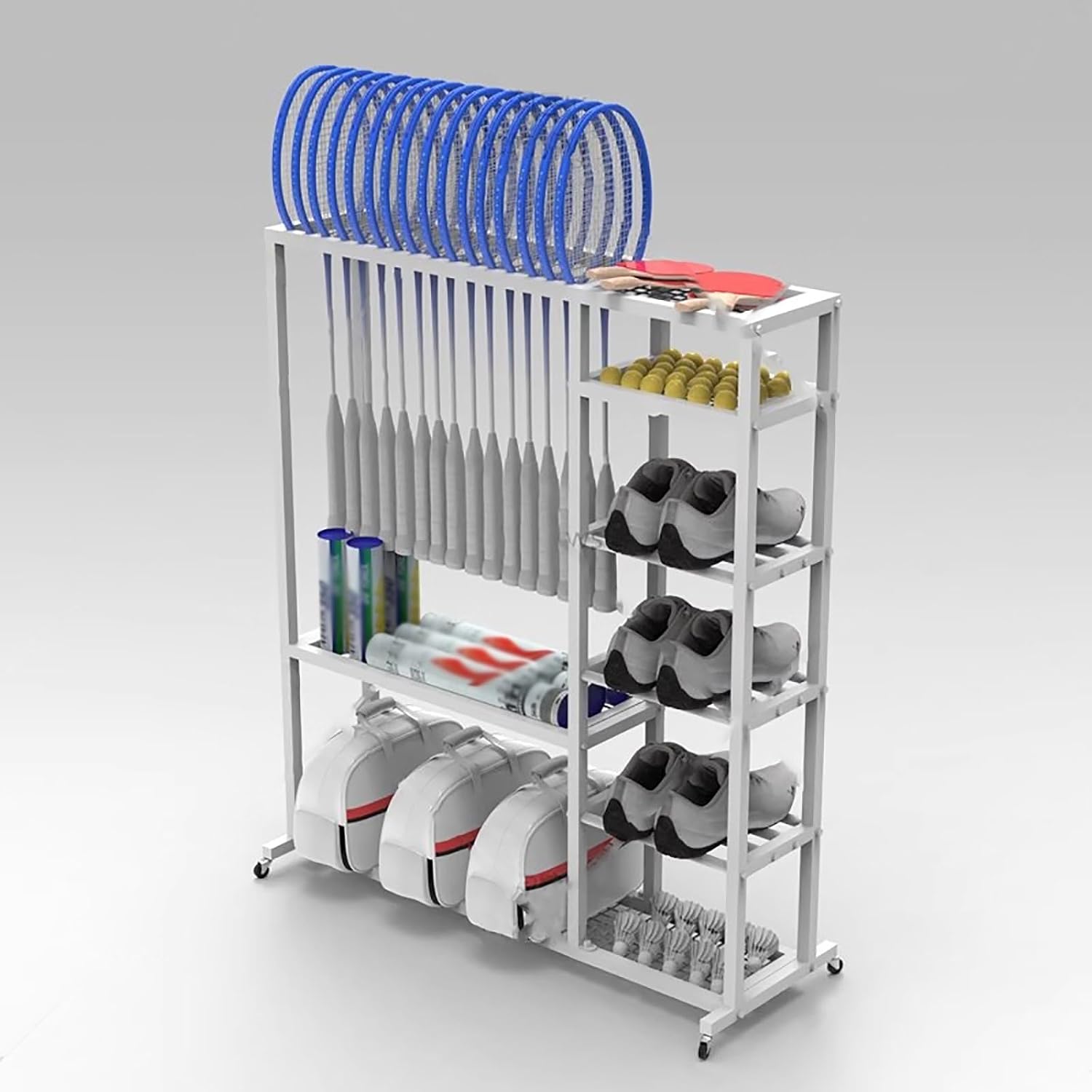 WDJBPSH Large Capacity Sports Equipment Cart, 16 Racquet Display Stand with Openwork Shelf, Multi-Functional Organizer for Table Tennis/Sneakers/Tennis/Storage Bag, Saving Space