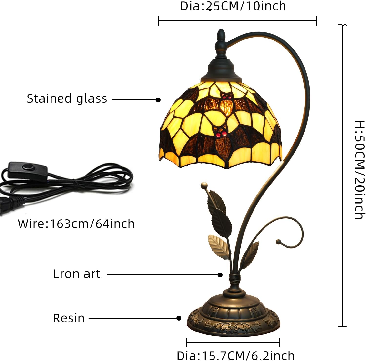 Tiffany Table Lamp Black Bats Stained Glass Bedside Lamp Tiffany Style S Metal Leaves Desk Light for Home Living Room Office Dormitory Bar Family Friends Gift