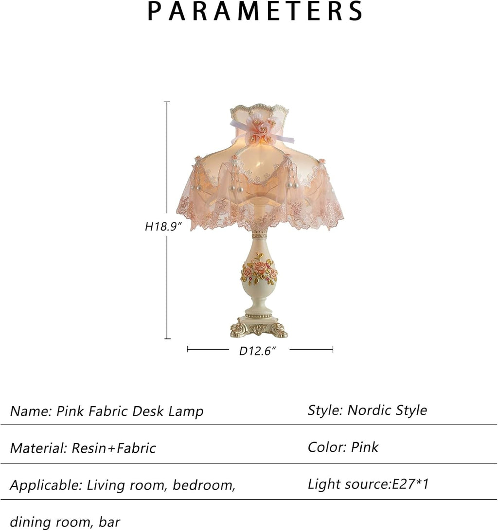 Pink Resin Table Lamp Fabric Princess Desk Lamp Modern Resin Lampbody with Flower Decorative Bedside Nightlight for Bedroom Living Room