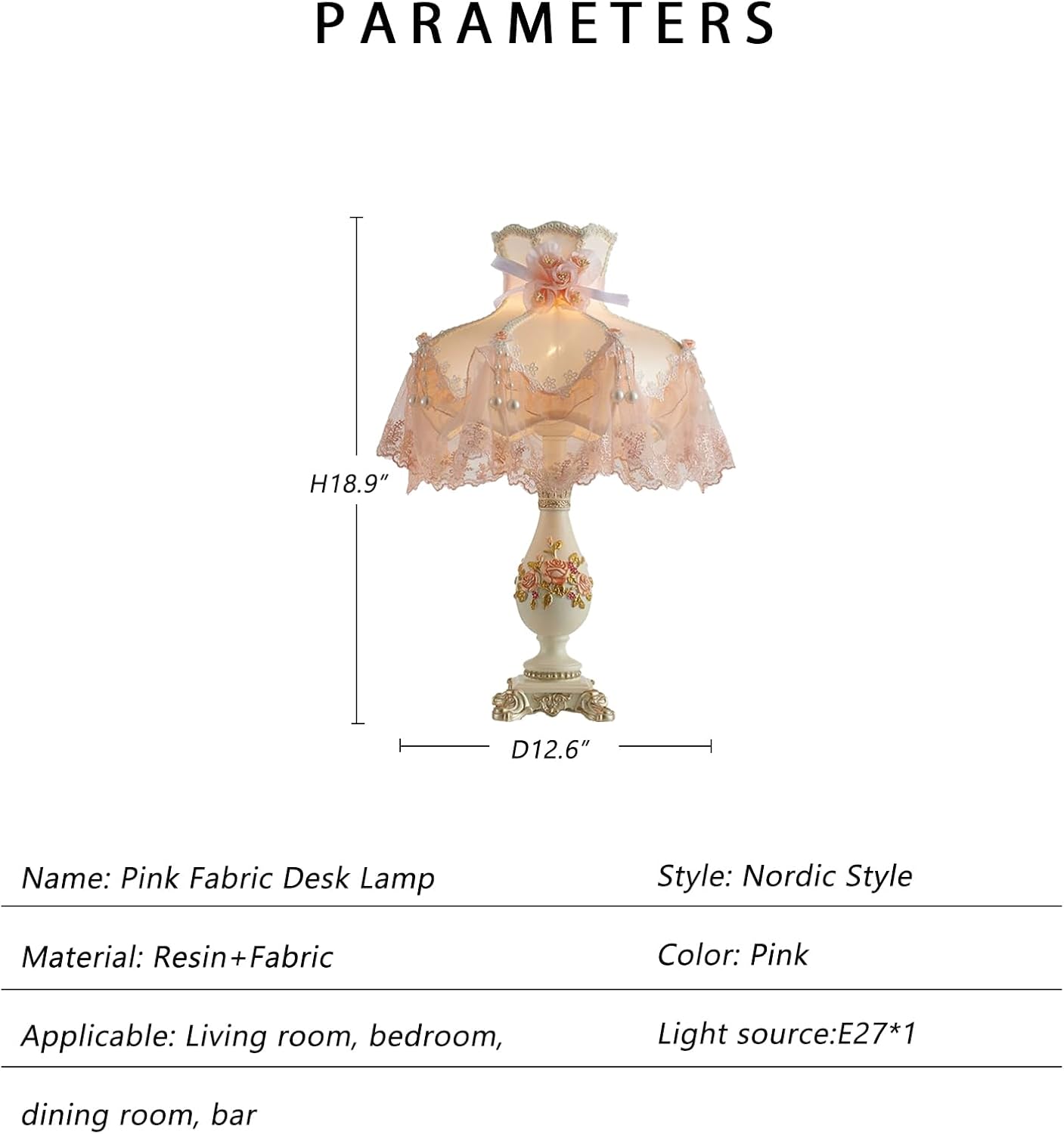 Pink Resin Table Lamp Fabric Princess Desk Lamp Modern Resin Lampbody with Flower Decorative Bedside Nightlight for Bedroom Living Room