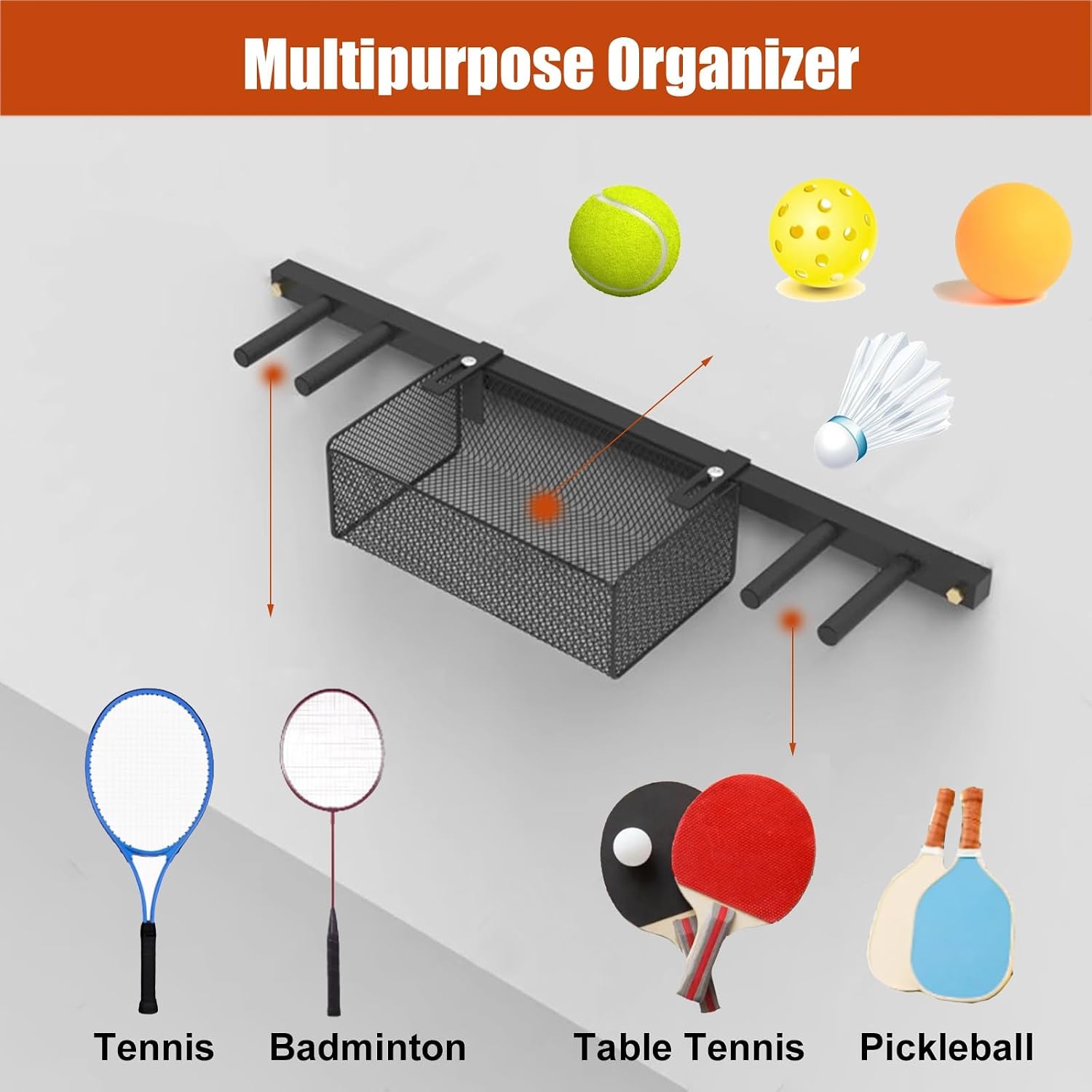 2 in 1 Wall Mounted Ball Holder Racket Rack, Hanging Equipment Organizer for Boys Bedroom/Studio/Garage, Metal Badminton Ping Pong Paddle Storage Display Stand