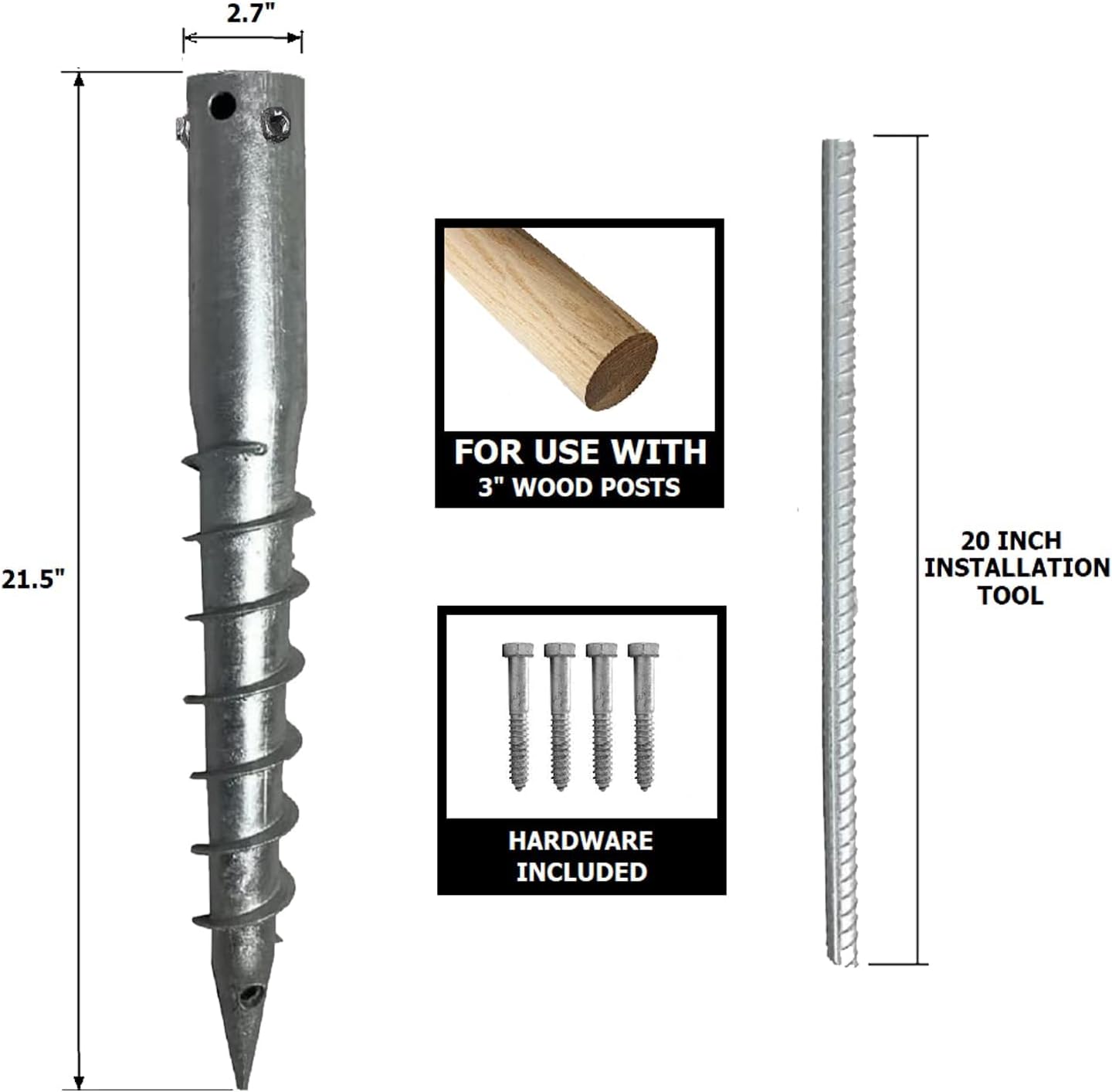 Ashman Round Posts (8 Pack), Outdoor No Dig Ground Screw Anchor with Helical Spiral, 21 Inch Long - Fits Post & Flag Pole Base Ground Mount Screw