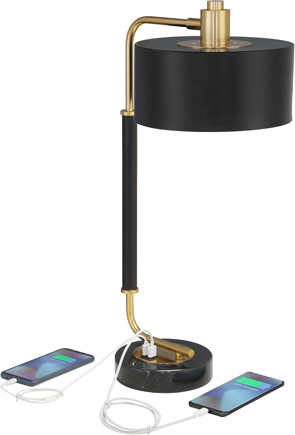 Possini Euro Design Myles 24' High Mid Century Modern Desk Lamp with USB Charging Ports A+C Black Gold Metal Drum Shade Decor for Bedroom Living Room Bedside Nightstand House Home Office