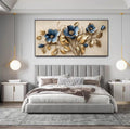 Solid wood Framed blue 3D Flowers Wall Art for Bedroom Home Decor Artwork for Wall Blue Abstract Background Golden leaf Wall Decor Canvas Print Office Living Room Decor Ready to Hang 24x48inch