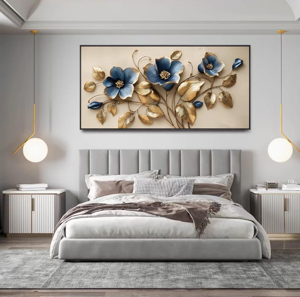 Solid wood Framed blue 3D Flowers Wall Art for Bedroom Home Decor Artwork for Wall Blue Abstract Background Golden leaf Wall Decor Canvas Print Office Living Room Decor Ready to Hang 24x48inch