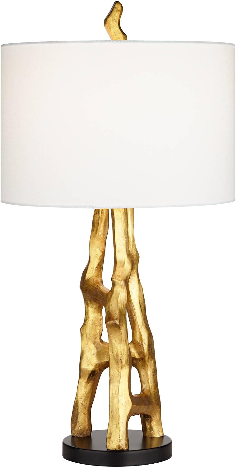 Possini Euro Design Organic Modern Table Lamps 29' Tall Set of 2 Sculptural Gold Bamboo Sculpture White Fabric Drum Shade Decor for Bedroom Living Family Room Bedside Nightstand House Home Office