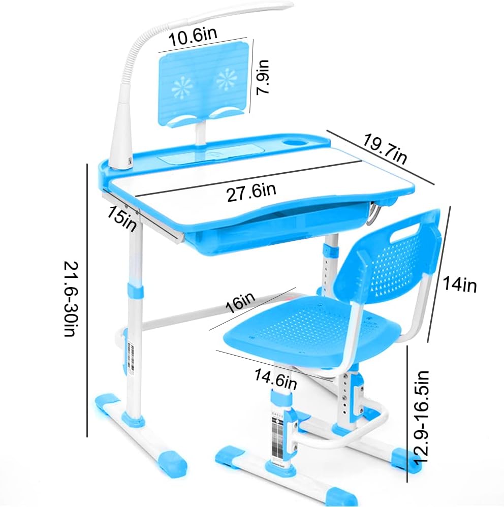 Yinleader Kids Desk and Chair Set,Height Adjustable,Spacious Storage Drawer,with Adjustable Tilted Desktop, Bookstand, Touch Led Lamp for School Student (Blue Set)