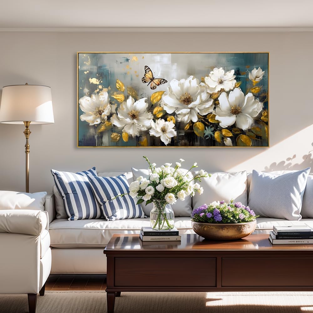 Wall Art Modern Flower Artwork Paintings White Blossom Gold Leaf Butterfly Landscape Picture wall Decor for Living Room Bedroom Kitchen 24'x48' with Framed
