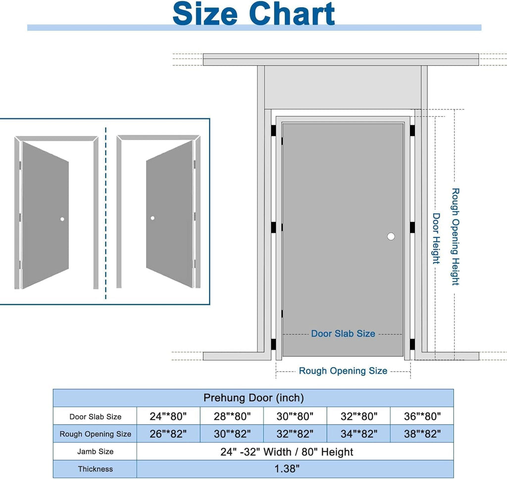 32' x 80' Prehung Door White Primed Panel Slab Doors with Jamb Kit, Solid Core MDF Interior Door for Bathroom Pantry Laundry, Easy Assemble - Left Handed Silver Hinge