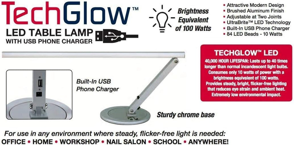 Americanails TechGlow Adjustable LED Table Lamp with USB Charging Port, Anti-Glare & Flicker Eye Care Desk Lamp | Bright 900 Lumens for Home & Office | Ideal for Nail Station