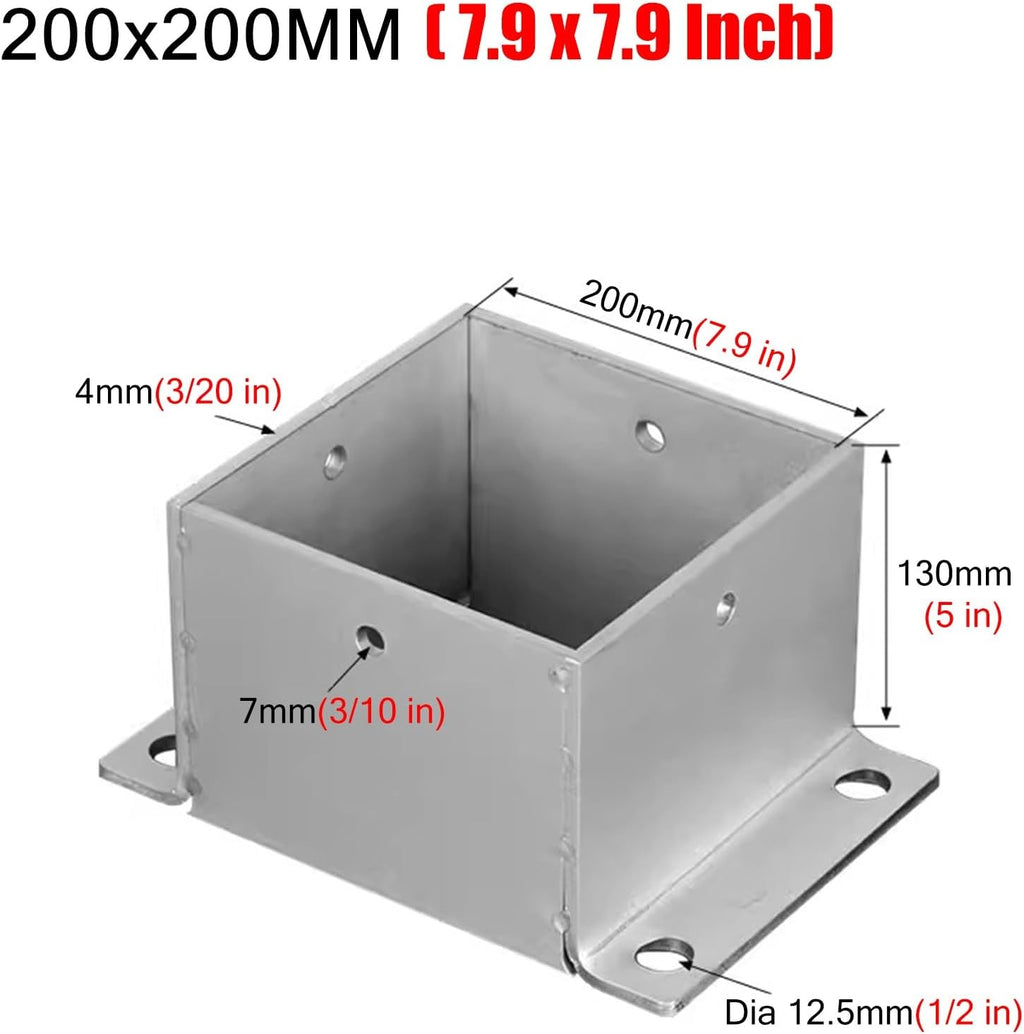 ZAQYCM Stainless Steel Post Base 2x2 3x3 4x4 5x5 6x6 7x7 8x8 Inch, Heavy Duty Post Bracket for Concrete/Wood Deck/Pergola/Mailbox, Railing Post Anchors Square (Size : 200x200 mm (7.9x7.9 in))