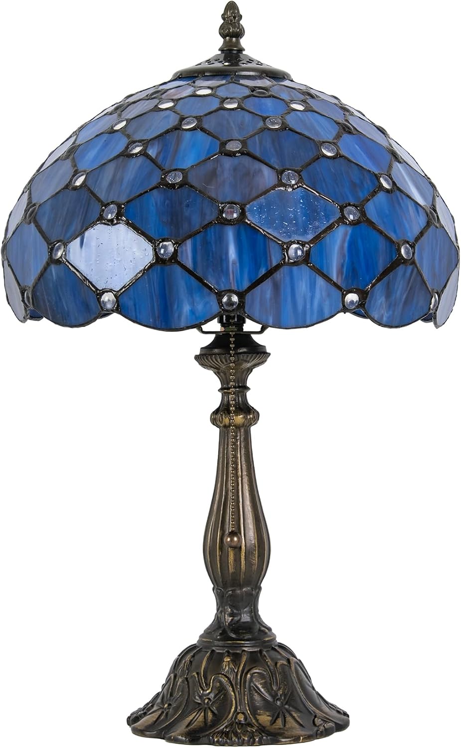Tiffany Lamp Vintage Deep Blue Stained Glass Bead Table Lamp Desk Bedside Reading Light Decor Bedroom Living Room Home Office D12*H18 Inches