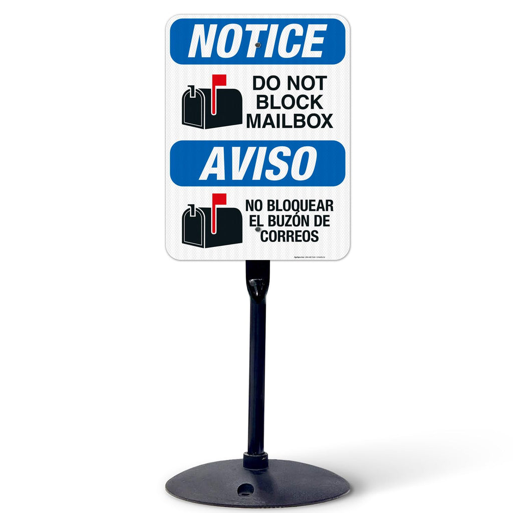 Do Not Block Mailbox Bilingual Sign, 18x24 Inches, 3M EGP Reflective with Post & Cast Iron Base Stand Set Made in USA by Sigo Signs