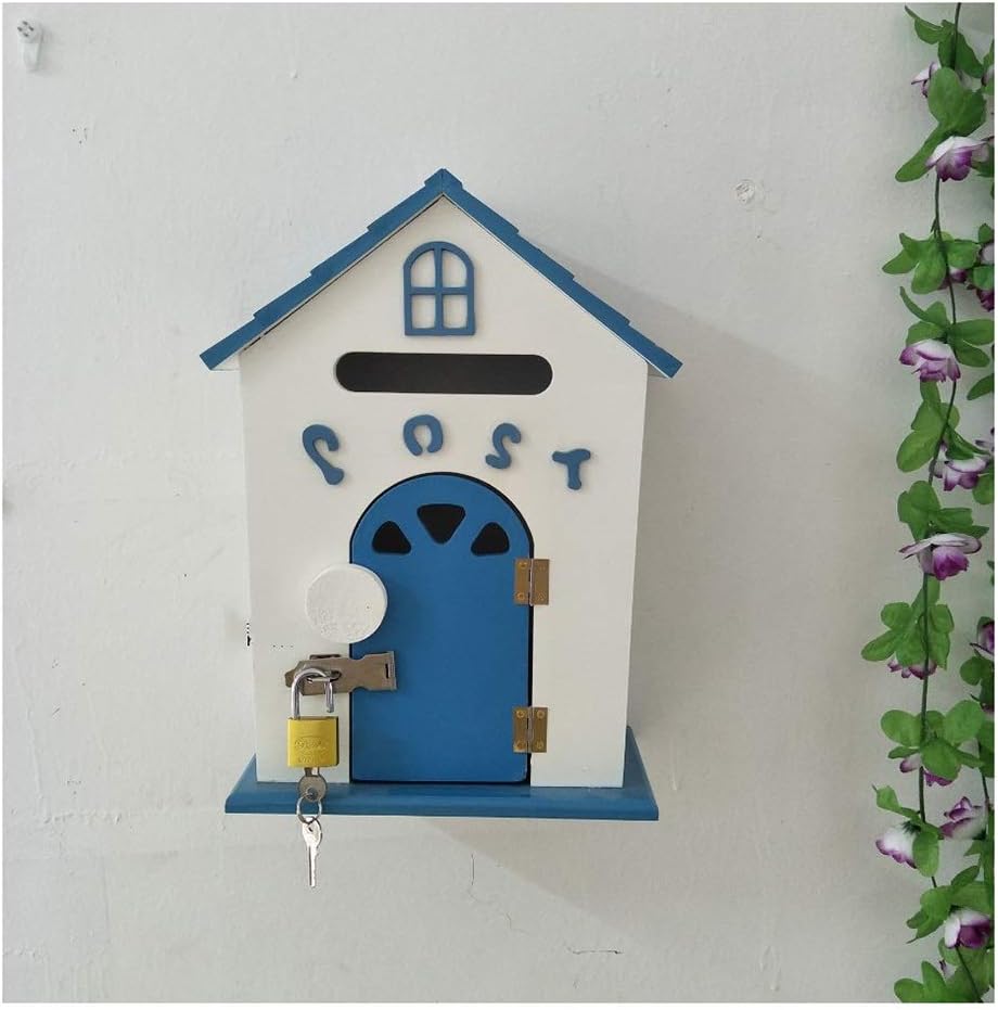 Letter Boxes for Outside Post Boxes Wall Mounted Wall Hanging Wooden Letter Box School Suggestion Box Pastoral Wind Painted Bird House Type Post Box Mailbox (Color : Blue)