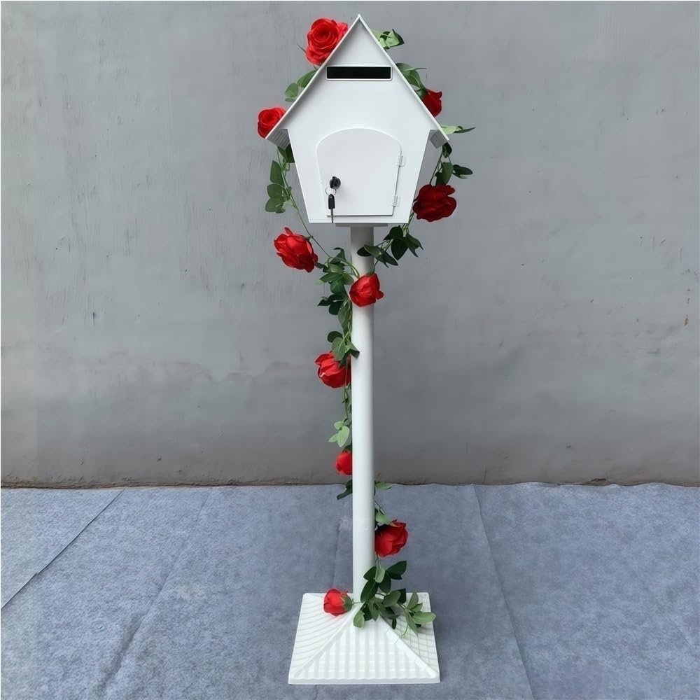 Iron Post Mailbox with Stand, Decorative Cottage Mail Box with Artificial Flowers, Outdoor Mailbox for Courtyard and Exterior Use(White)