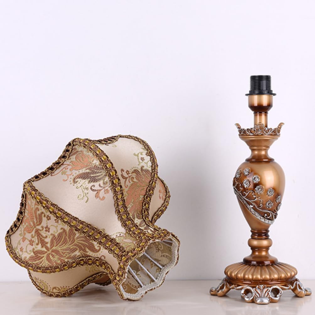 Vintage Table Lamp Beaded Fringe Lamp Brown Fabric Lampshade European Nightstand Lamp Flower Floral 1 Head VictorianTable Light with Lace