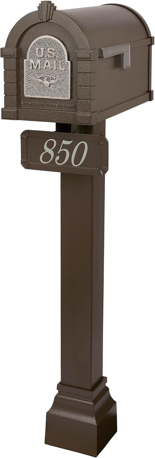 Gaines - Keystone Standard Post and Mailbox Package with Personalized Address Plaque and Decorative Cuff (Bronze with Satin Nickel Eagle)
