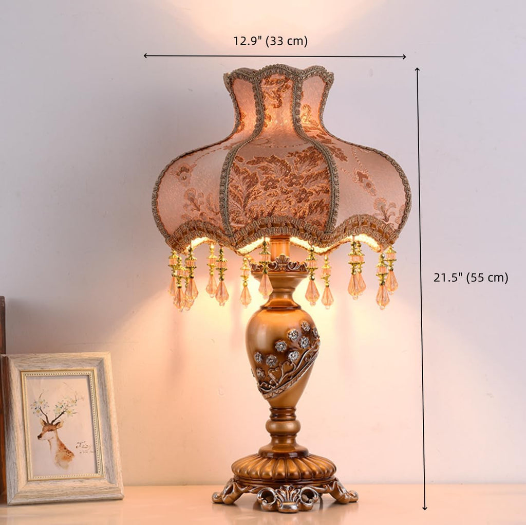 Vintage Table Lamp Beaded Fringe Lamp Brown Fabric Lampshade European Nightstand Lamp Flower Floral 1 Head VictorianTable Light with Lace