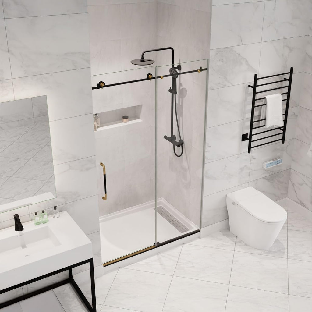 ANZZI Frameless Shower Door 76' x 48' Frameless Shower Door with Sliding - Matte Black and Brushed Gold - Madam Series (SD-AZ13-01MBBG)