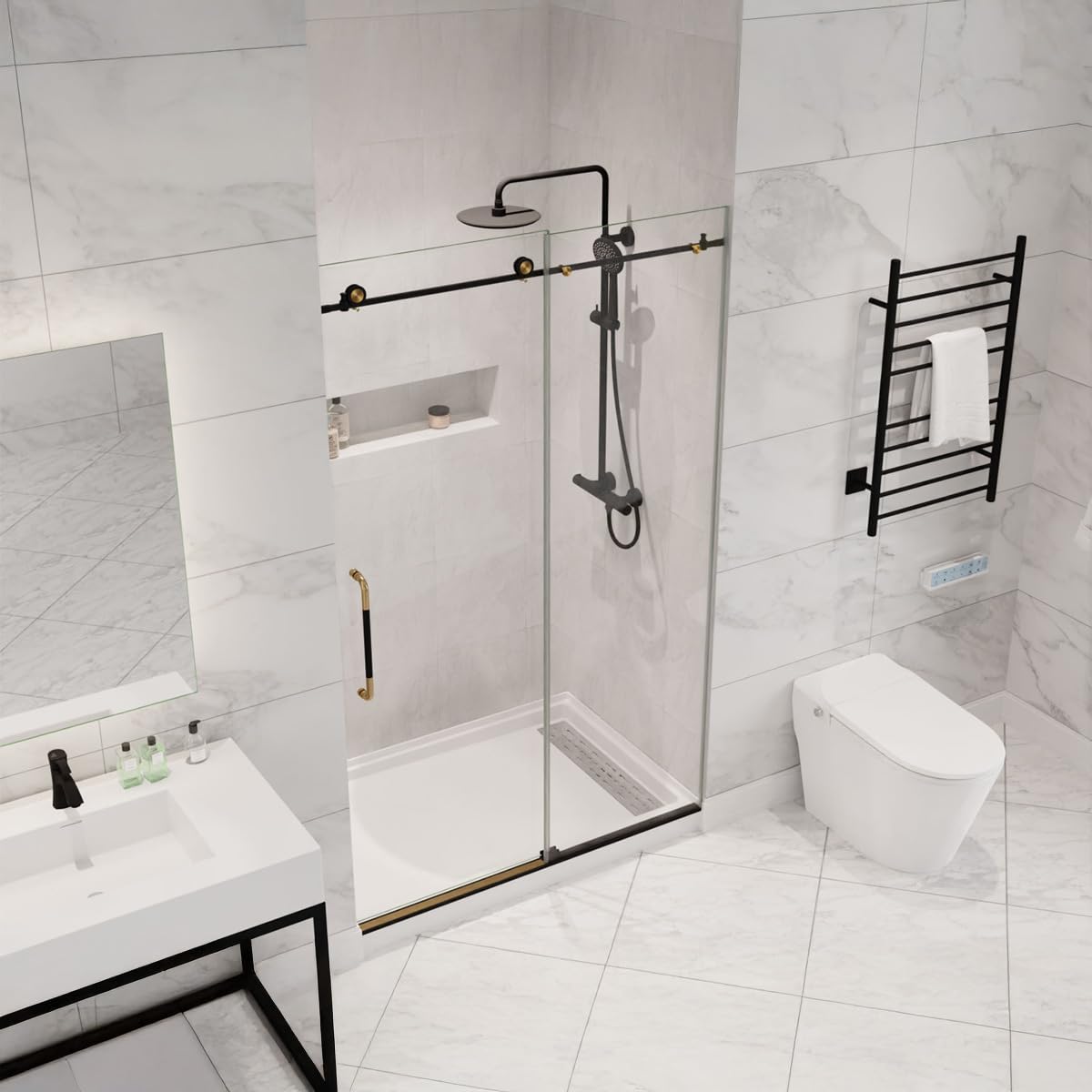 ANZZI Frameless Shower Door 76' x 48' Frameless Shower Door with Sliding - Matte Black and Brushed Gold - Madam Series (SD-AZ13-01MBBG)