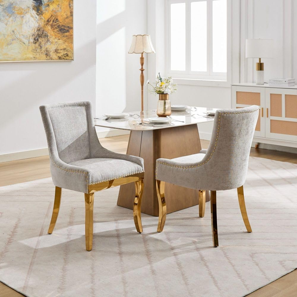 Chenille Dining Chairs Set of 2, Modern Upholstered Accent Chairs with Curved Gold-Plated Legs & Rivet Trim, Textured Fabric, One-Piece Structure for Dining/Lounge(Beige + Chenille)