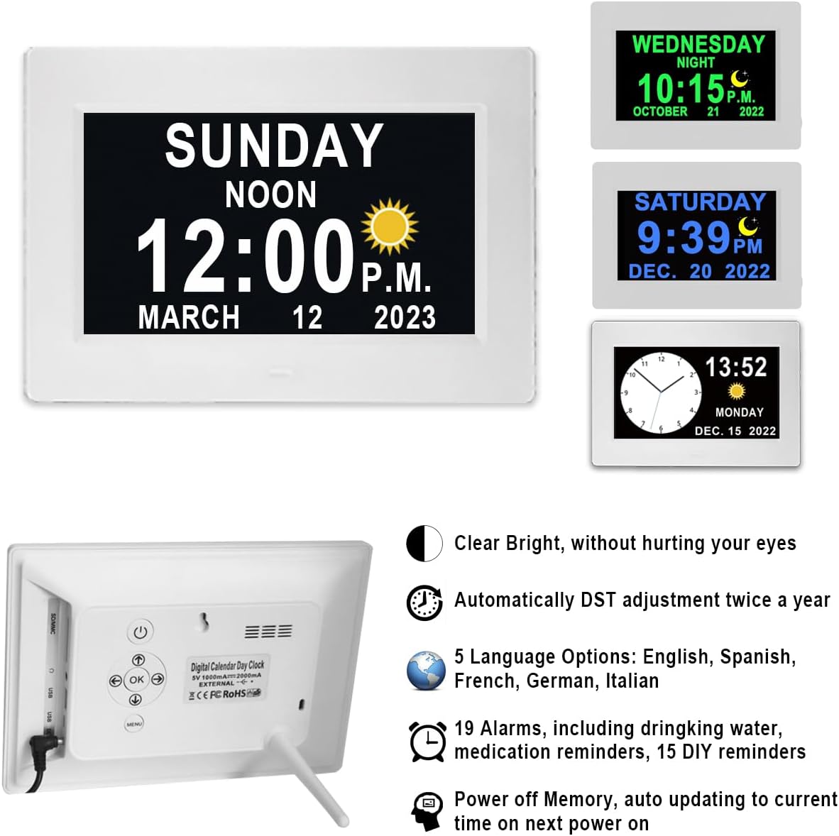 MASSII 11.5' Black+ 7' Black +7' White Digital Clock with Auto DST and 20 Alarms Custom Reminders, Non-Abbreviated Calendar Day Date Clock for Seniors Dementia Alzheimers'