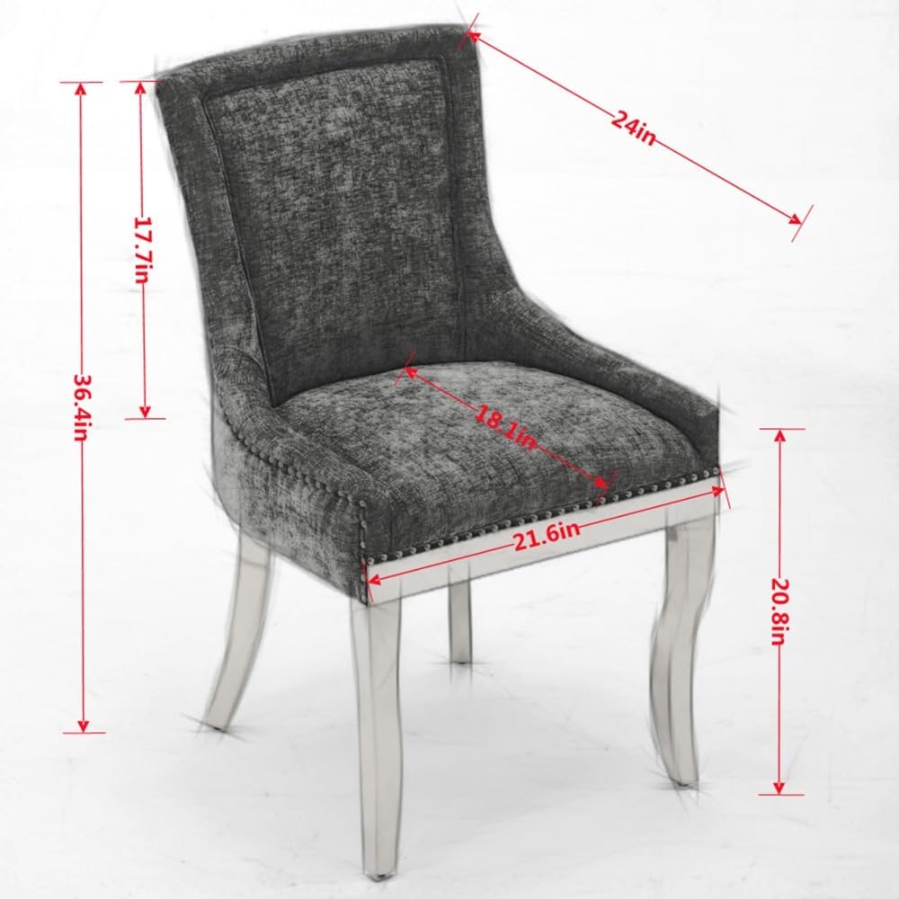 Chenille Dining Chairs Set of 2, Modern Upholstered Accent Chairs with Curved Gold-Plated Legs & Rivet Trim, Textured Fabric, One-Piece Structure for Dining/Lounge(Gray + Chenille)