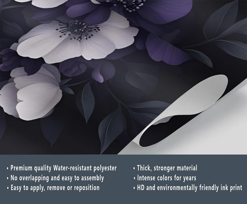 Purple Flowers Wall Mural, European Floral Mural Wallpaper, Retro Flowers Wallpaper Mural, for Bedroom Office Living Room Wall Artwork Decor (Not Peel n' Stick)