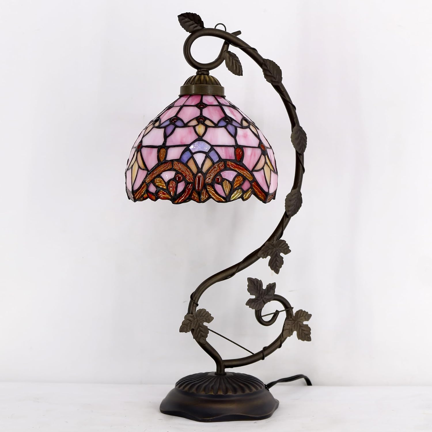 WERFACTORY Tiffany Table Lamp Pink Stained Glass Baroque Style Reading Desk Light, Metal Leaf Base 8X10X21 Inches Decor Small Space Bedside Bedroom Home Office S003P Series