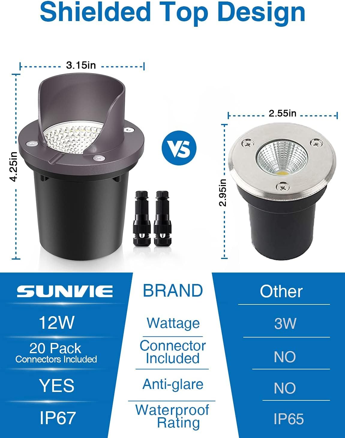 SUNVIE 12 Pack Low Voltage Landscape Lighting 12W LED Outdoor In-Ground Waterproof Shielded Well Lights Warm White Paver Lights with Wire Connectors for Pathway Garden Yard Fence Deck
