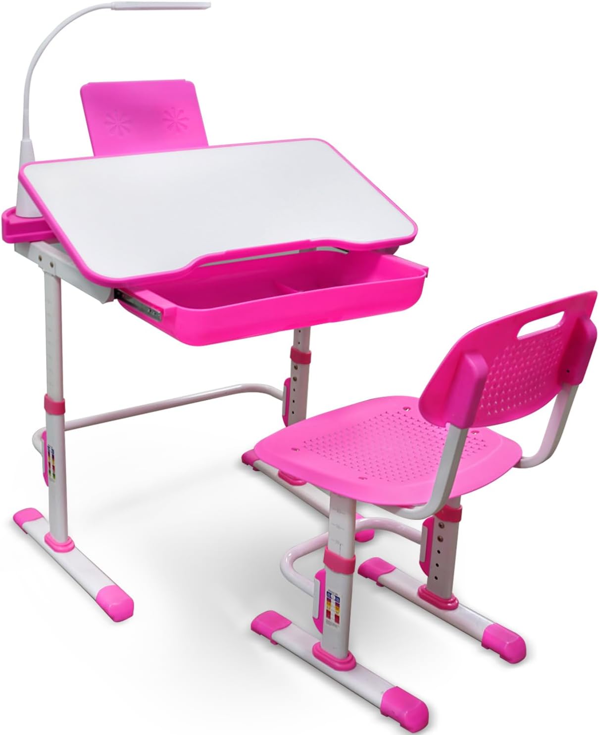 Yinleader Kids Desk and Chair Set,Height Adjustable,Spacious Storage Drawer,with Adjustable Tilted Desktop, Bookstand, Touch Led Lamp for School Student(Pink)