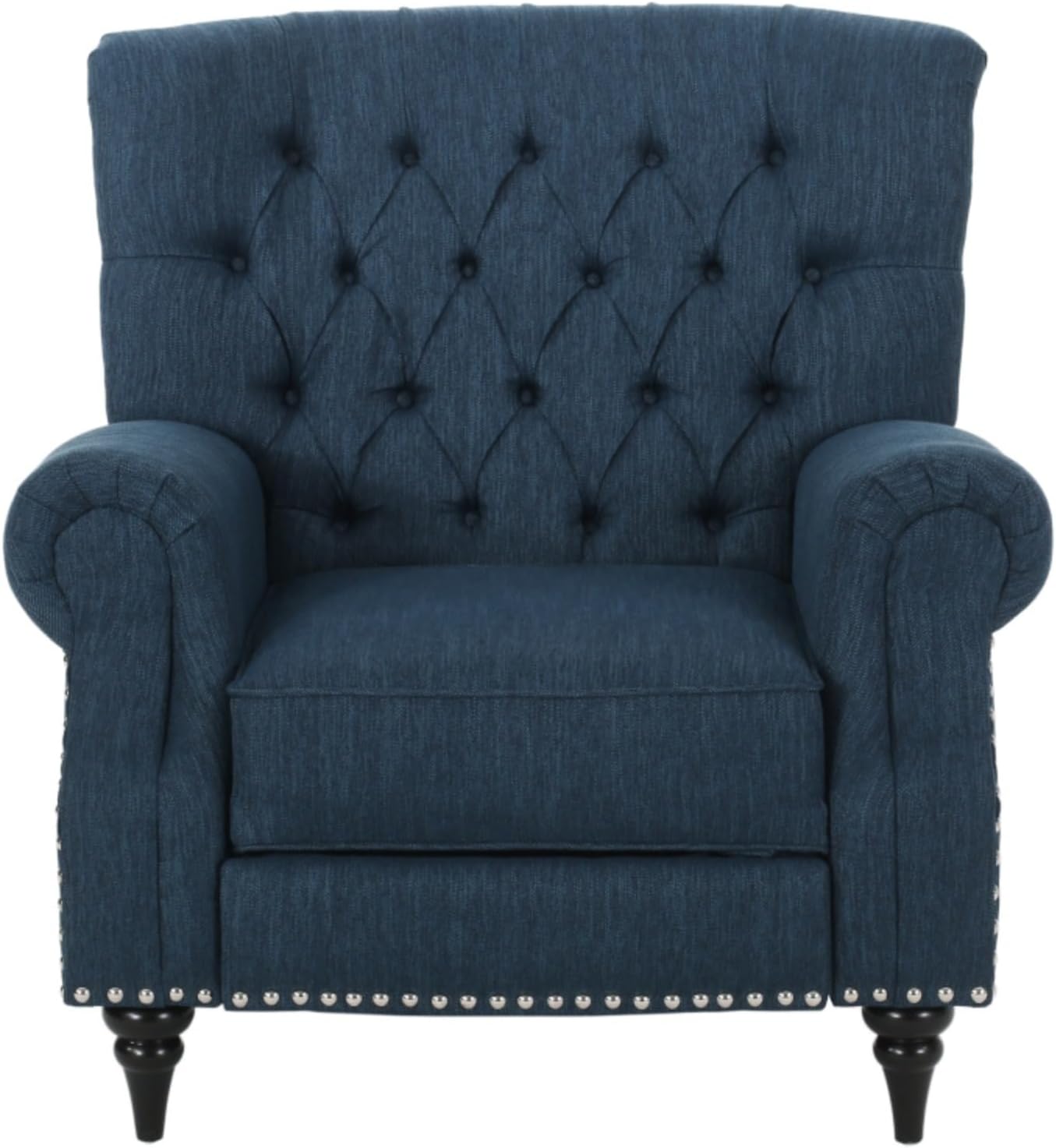 Classic Style Manual Push Back Chair with Exquisite Rivet Decor and Rolled Armrests, Ideal for Living Room Relaxation and Daily Seating (Navy Blue + Fabric)