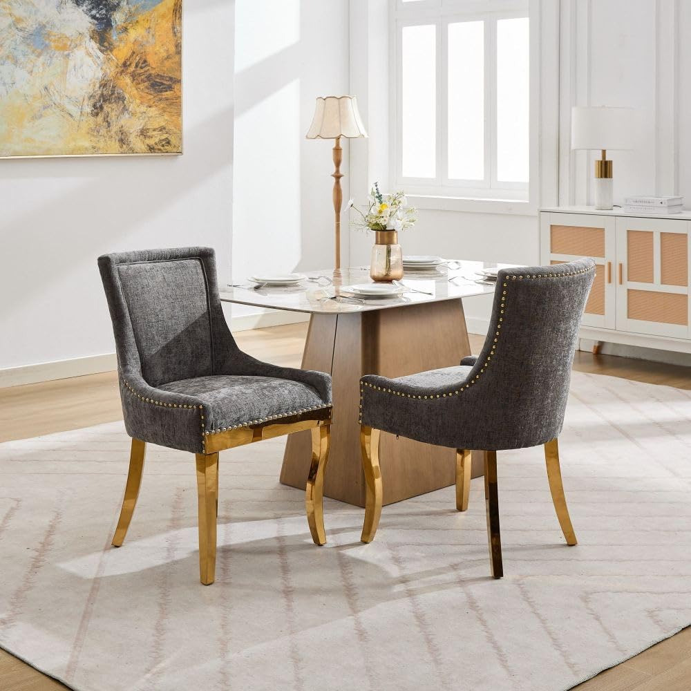 Chenille Dining Chairs Set of 2, Modern Upholstered Accent Chairs with Curved Gold-Plated Legs & Rivet Trim, Textured Fabric, One-Piece Structure for Dining/Lounge(Gray + Chenille)