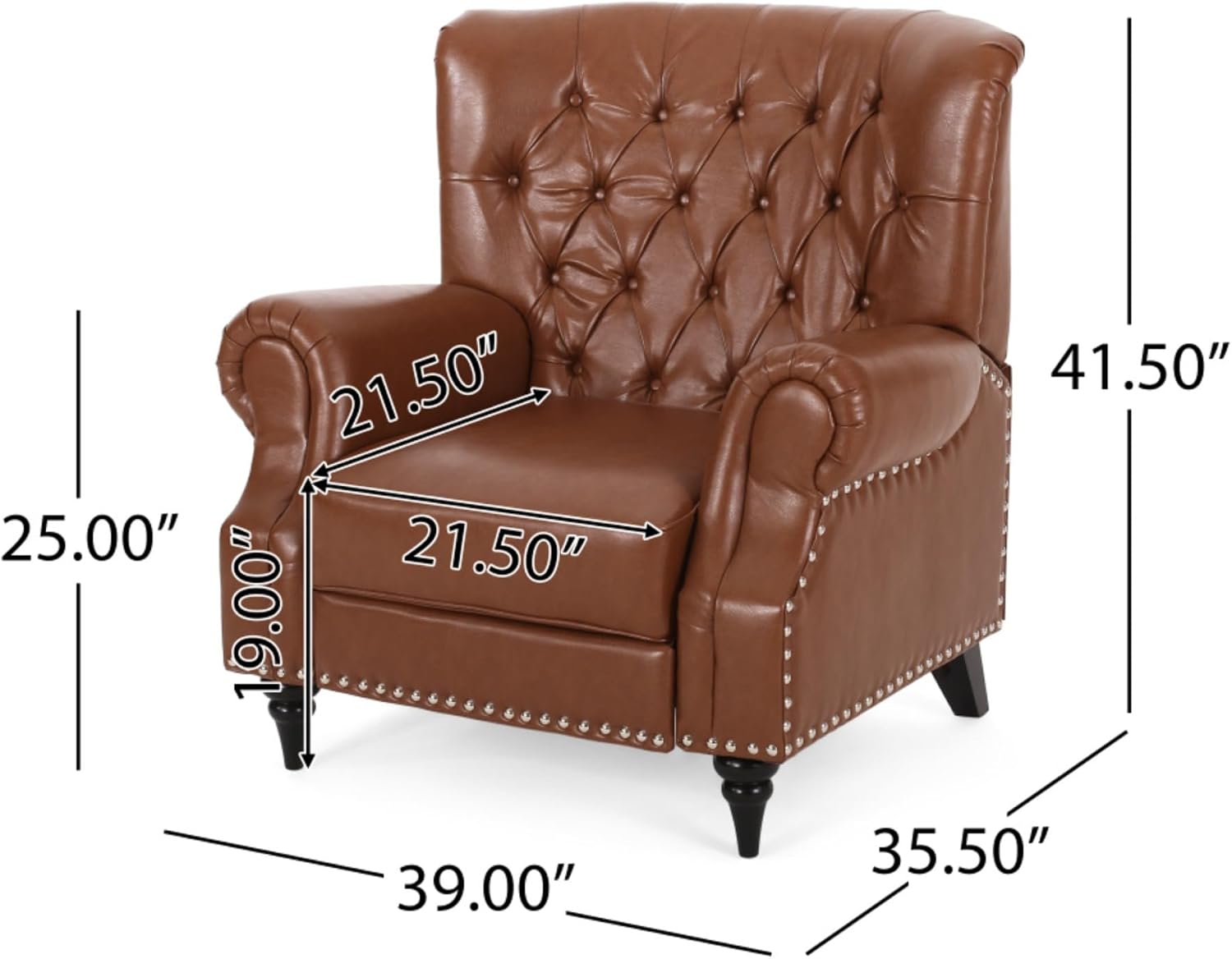 Classic Style Manual Push Back Chair with Exquisite Rivet Decor and Rolled Armrests, Ideal for Living Room Relaxation and Daily Seating (Light Brown + PU)